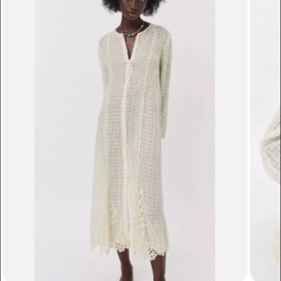 Zara linen long beige ecru shirt dress with embroidery crochet aplique - Picture 4 of 7
